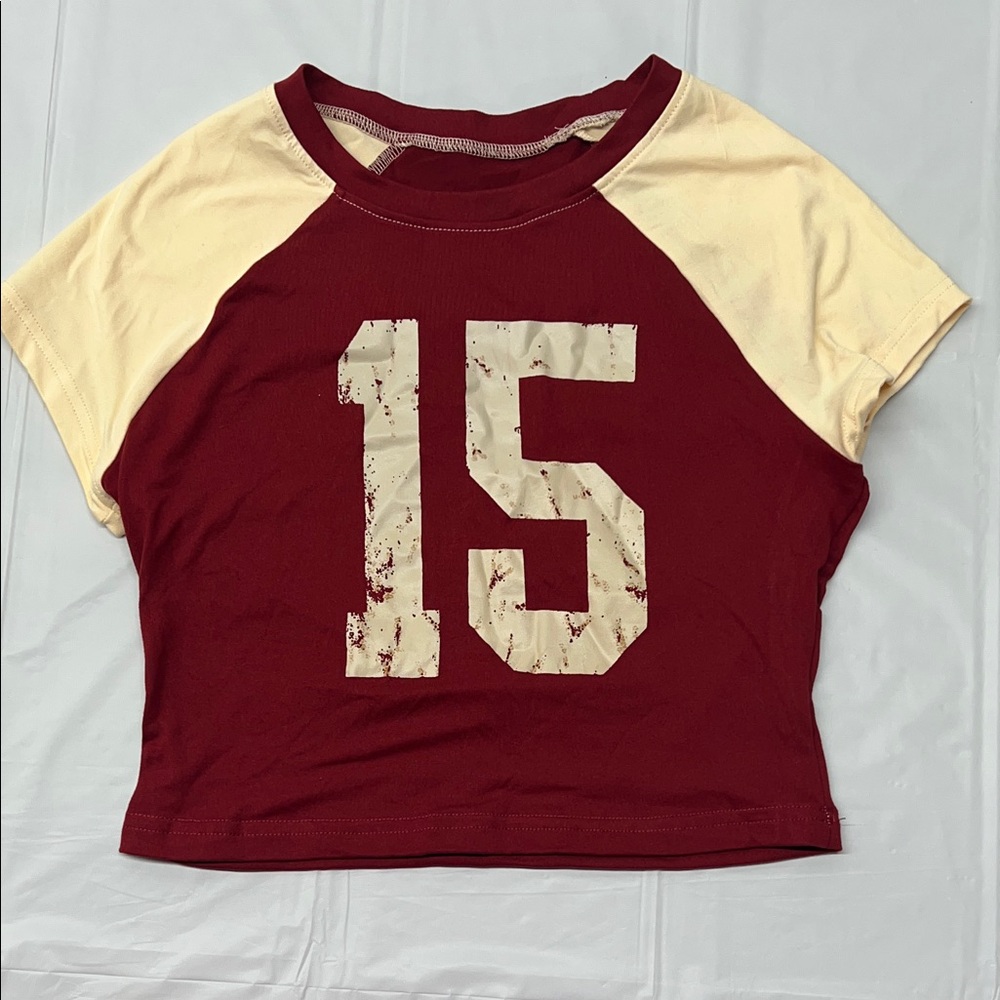Number 15 Raglan Sleeve Crop Top | Y2K Sporty Baseball Tee Size S